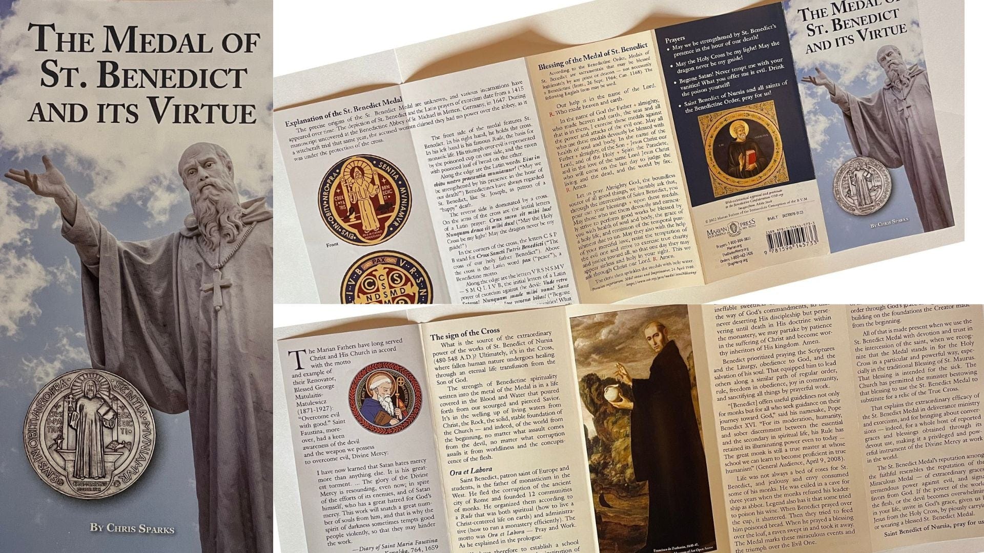 St. Benedict Medal prayer pamphlet with religious symbols, featuring a five-panel design by Bob and Penny Lord.