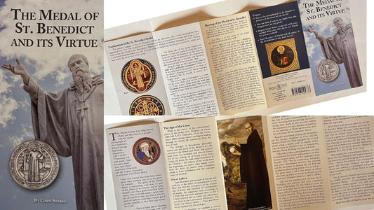 St. Benedict Medal prayer pamphlet with religious symbols, featuring a five-panel design by Bob and Penny Lord.