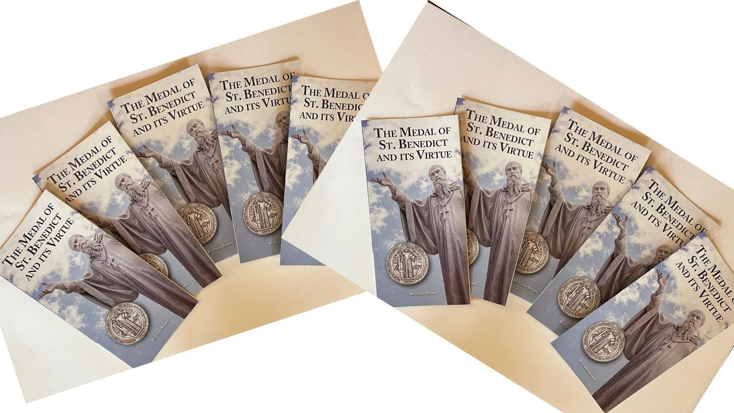 St. Benedict Medal prayer pamphlet with religious imagery, part of Christian holy cards by Bob and Penny Lord.