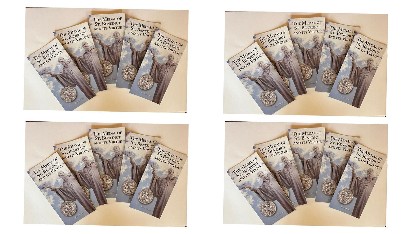 St. Benedict Medal prayer pamphlet with religious imagery, part of Christian holy cards by Bob and Penny Lord, 20-panel design.