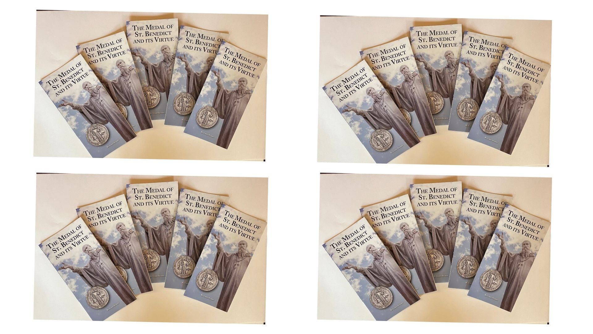 St. Benedict Medal prayer pamphlet with religious imagery, part of Christian holy cards by Bob and Penny Lord, 20-panel design.