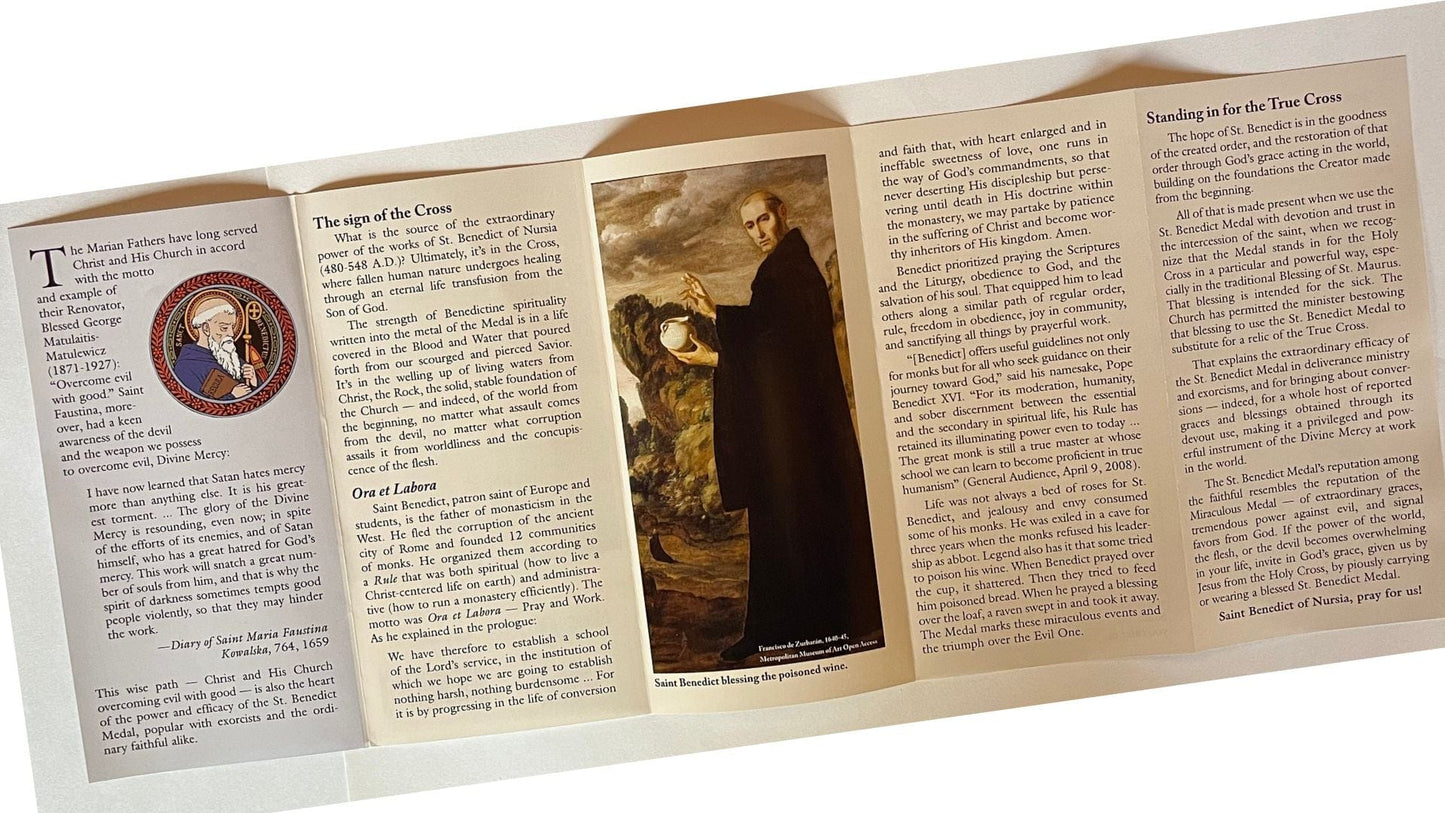 Back view of St. Benedict Medal prayer pamphlet, a Christian holy card from Bob and Penny Lord featuring religious imagery.