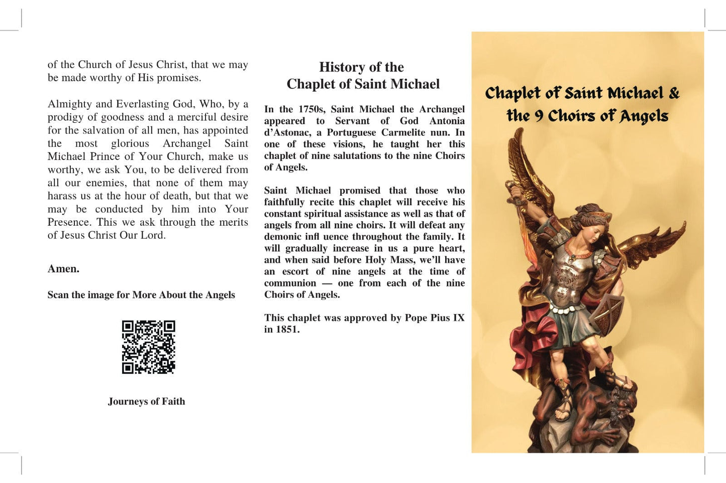St Michael chaplet prayer card by Bob and Penny Lord featuring religious imagery and Christian symbols.