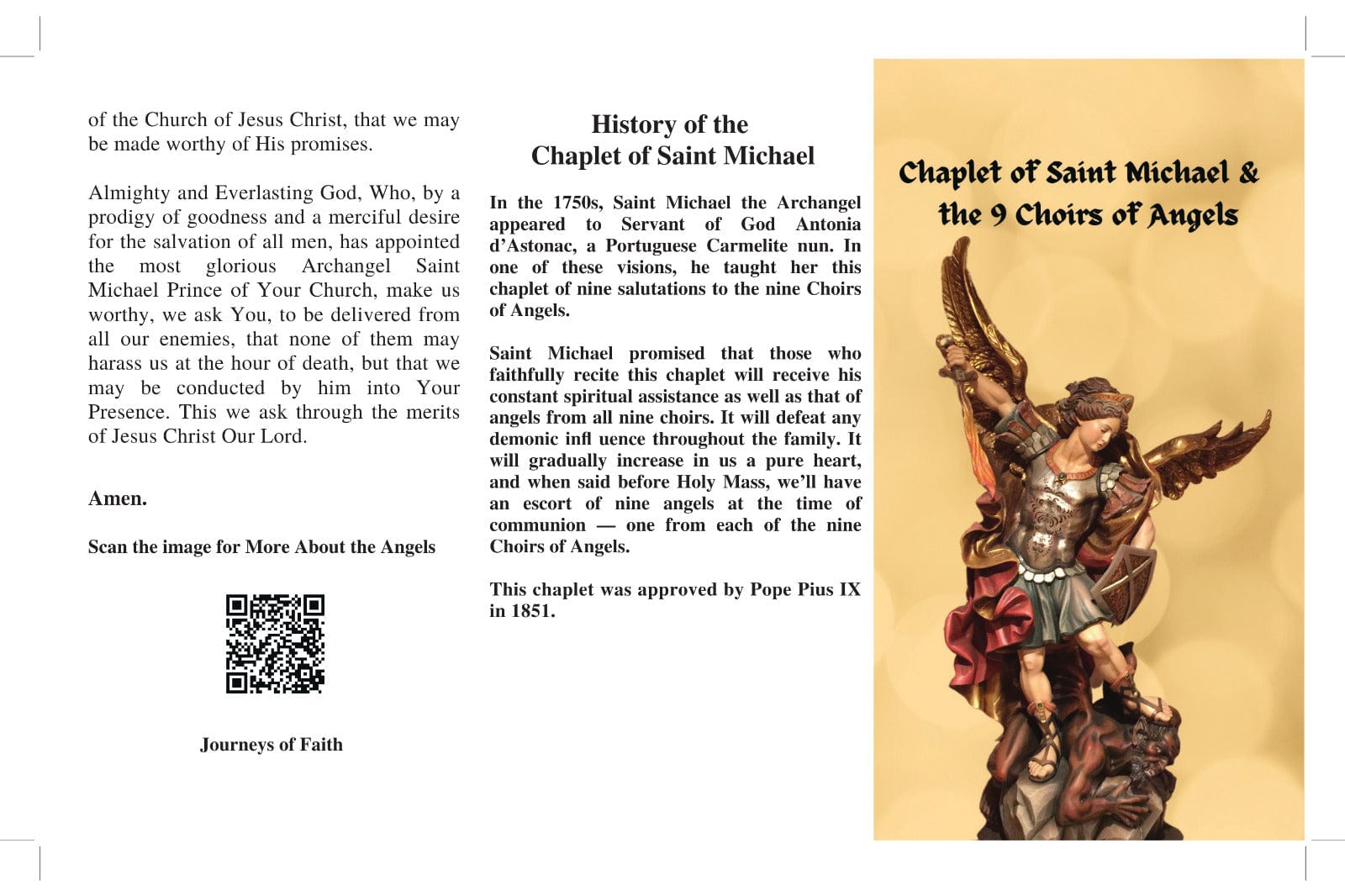 St Michael chaplet prayer card by Bob and Penny Lord featuring religious imagery and Christian symbols.