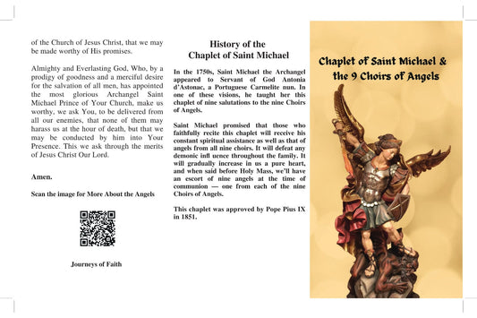 St Michael chaplet prayer card by Bob and Penny Lord featuring religious imagery and Christian symbols.