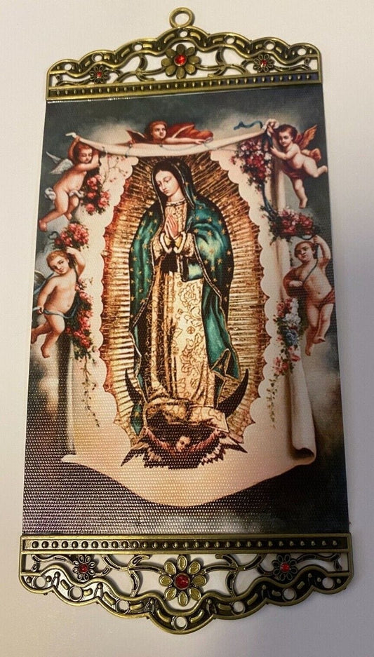Colorful canvas art print featuring St. Michael, Holy Family, Padre Pio, and Our Lady of Guadalupe by Bob and Penny Lord.