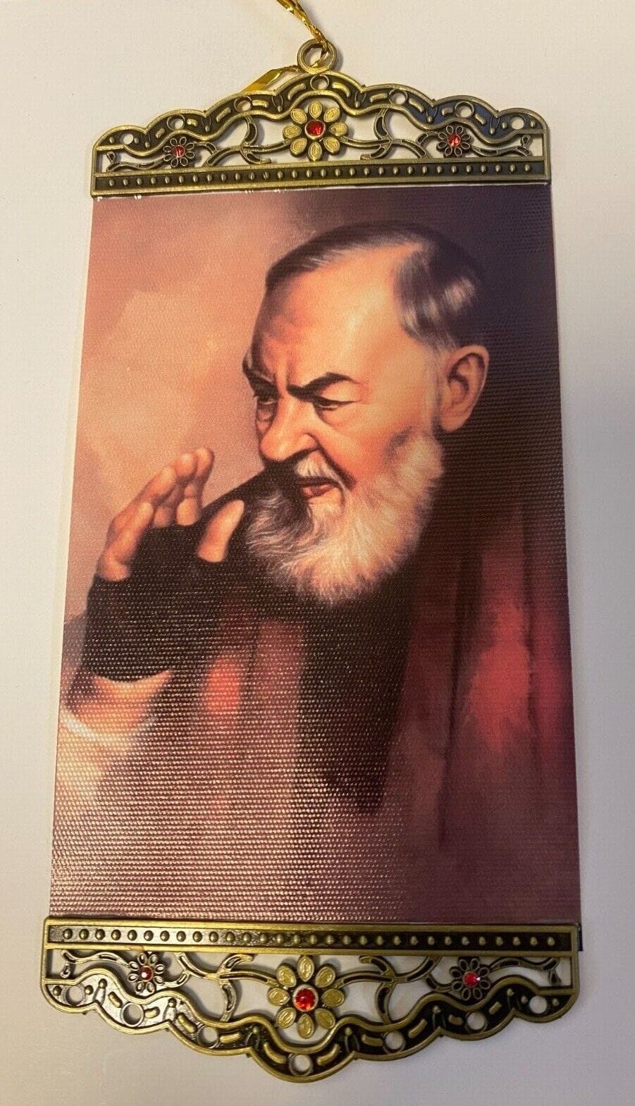Colorful canvas art print featuring St. Michael, Holy Family, Padre Pio, and Our Lady of Guadalupe by Bob and Penny Lord.