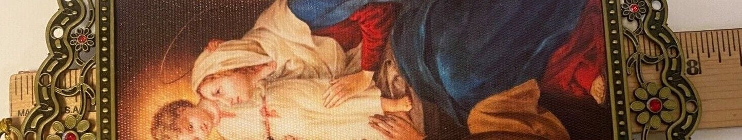 Colorful canvas art print featuring St. Michael, Holy Family, Padre Pio, and Our Lady of Guadalupe by Bob and Penny Lord.