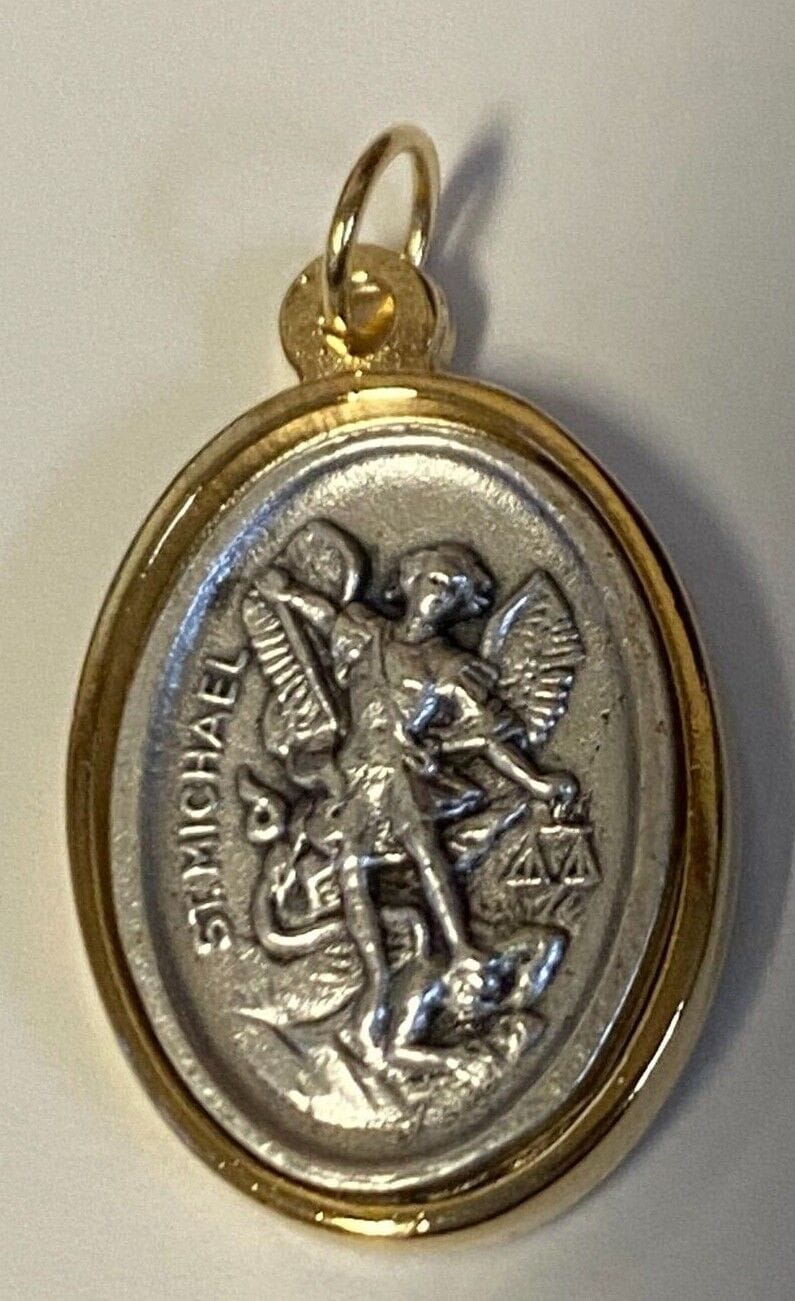 Gold and silver tone St. Michael, Miraculous Medal, and Our Lady of Guadalupe Christian medal by Bob and Penny Lord, detailed religious jewelry.