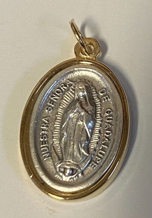 Gold and silver tone St Michael, Miraculous Medal with Our Lady of Guadalupe Christian medal, collectible religious spirituality item.