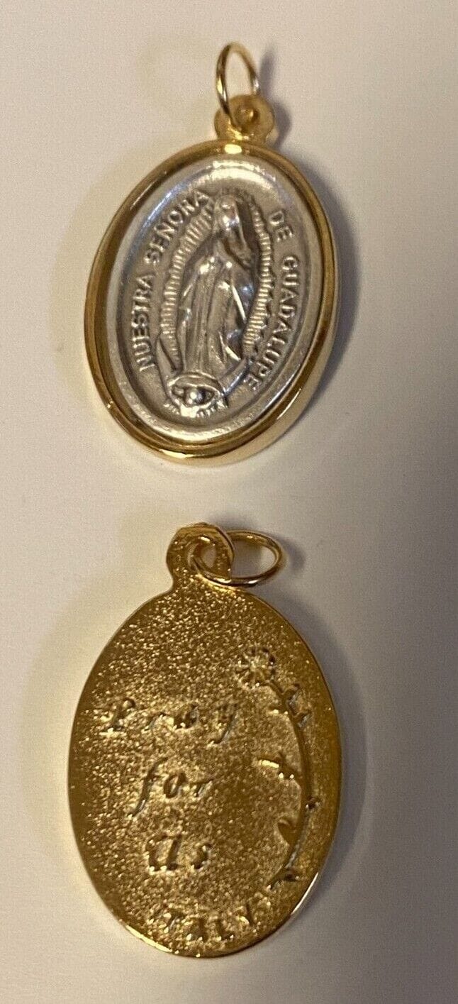 Gold and silver tone St. Michael, Miraculous Medal, and Our Lady of Guadalupe Christian medal by Bob and Penny Lord.