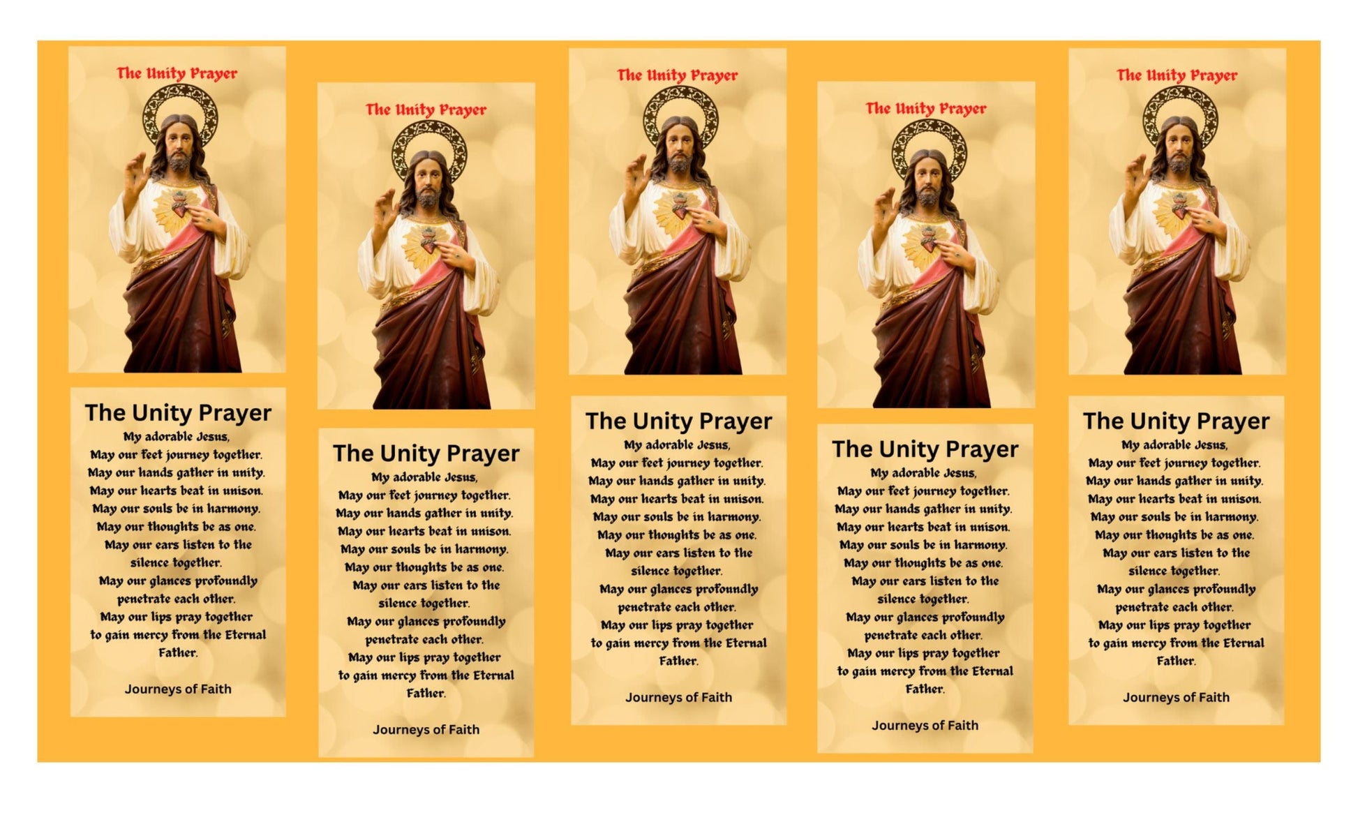 Set of five laminated Unity Prayer Cards by Bob and Penny Lord Ministry, featuring inspiring prayer designs.