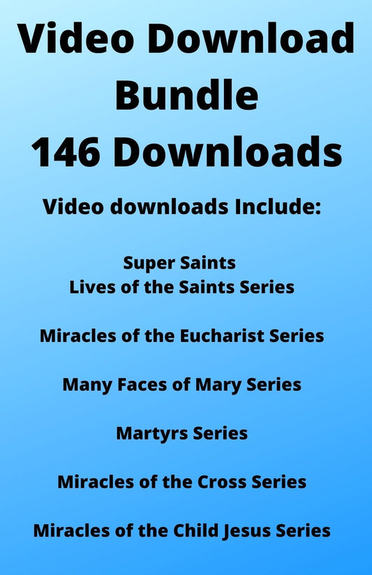 Download image showing the 154 Catholic Videos MP4 Bundle by Bob and Penny Lord, featuring video thumbnails and download icons.