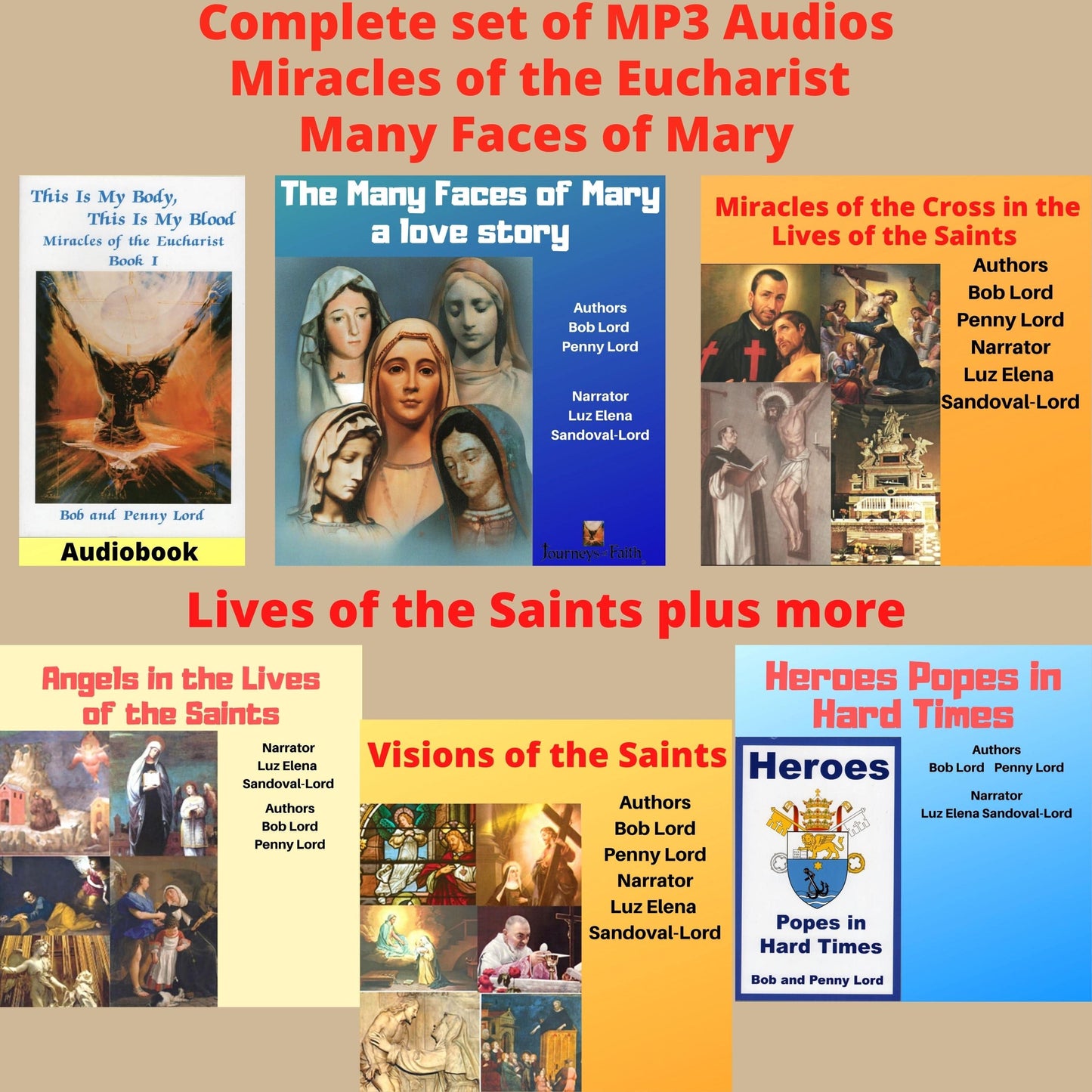 Catholic MP3 audiobooks by Bob and Penny Lord Ministry, featuring religious stories and teachings in digital audio format.