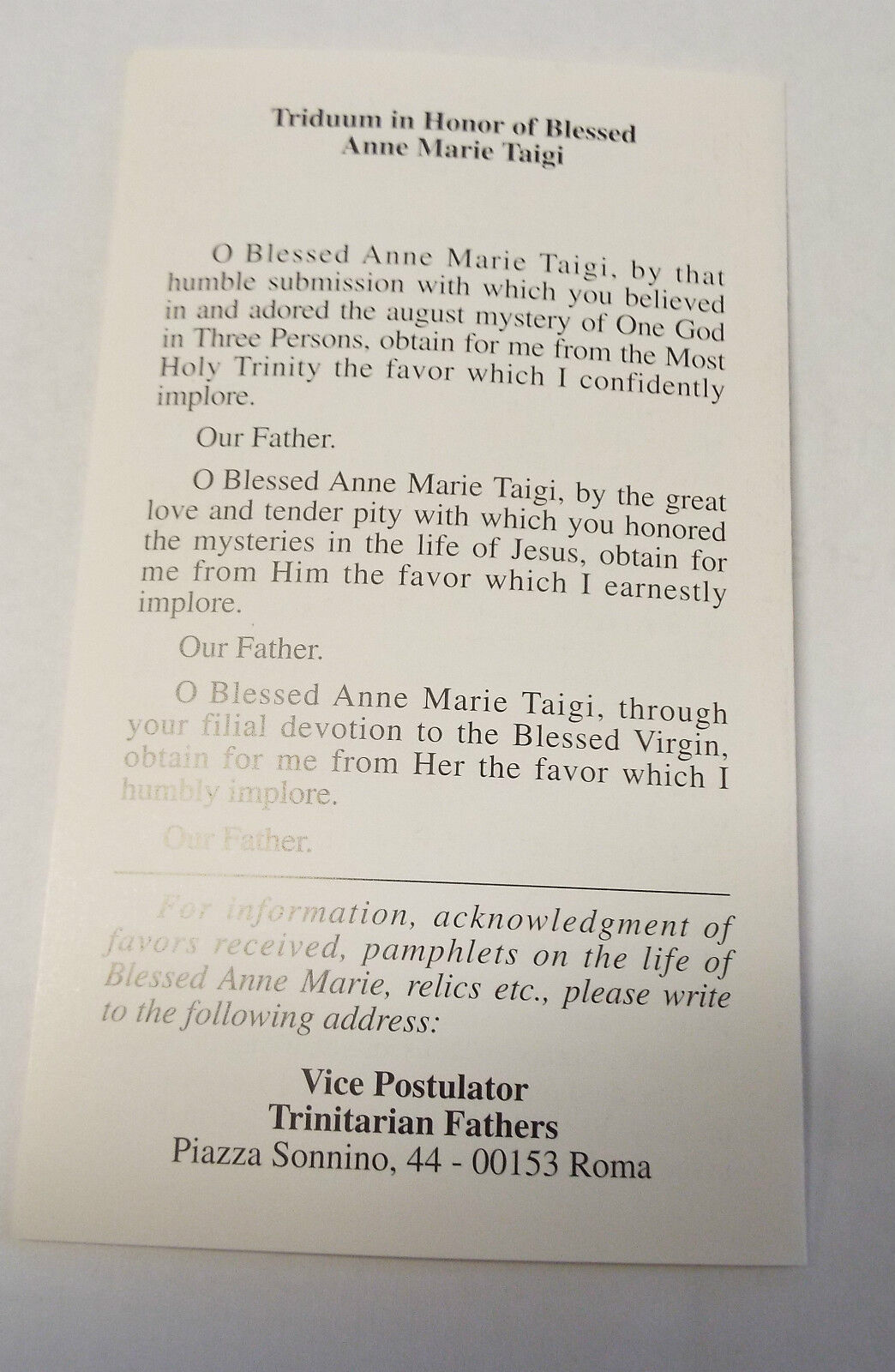 Blessed Anna Maria Taigi, A Triduum Prayer & Biography Folder, New Italy - Bob and Penny Lord