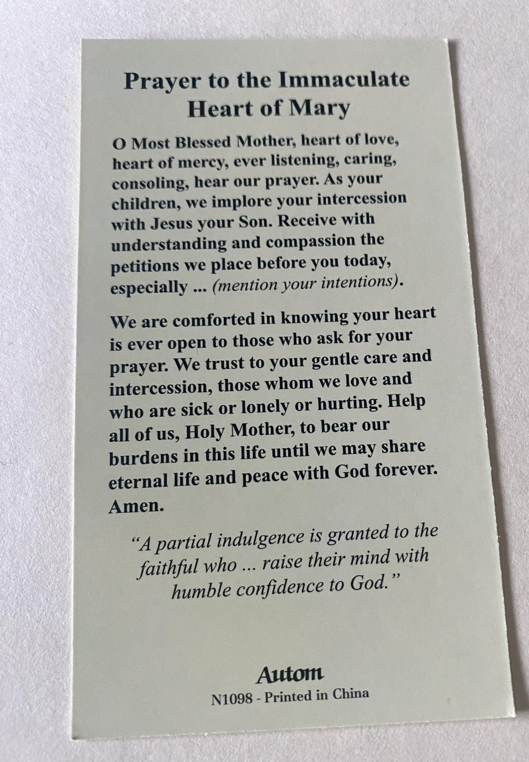 Immaculate Heart of Mary Prayer Card, New #2 - Bob and Penny Lord