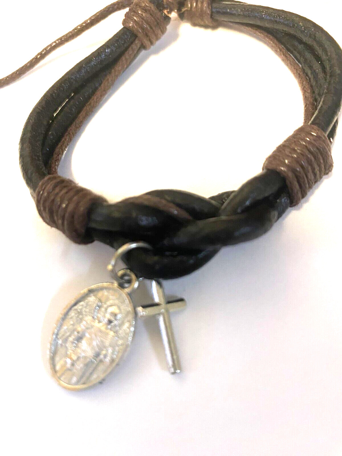 Leather Cuff Bracelet with St Michael The Archangel Charm + Cross Charm, New - Bob and Penny Lord