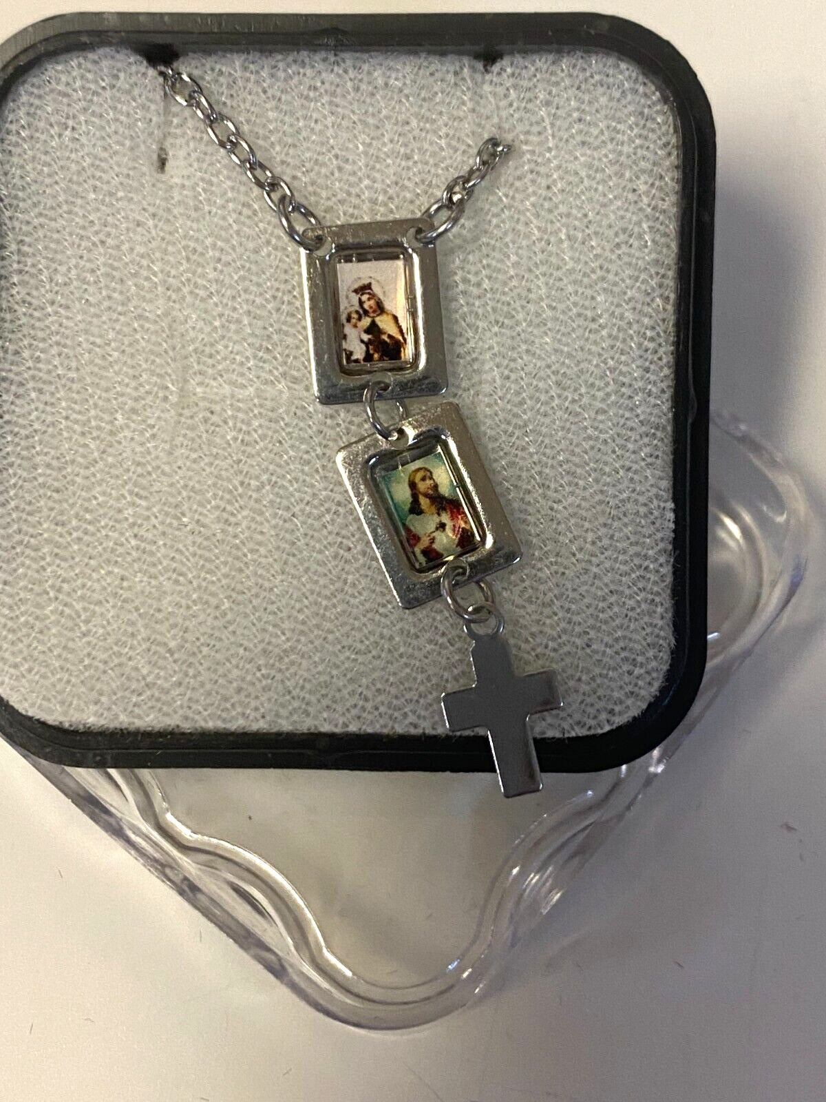 Sacred Heart & Our Lady of Mount Carmel Scapular with Tiny Pictures,Silver, New - Bob and Penny Lord