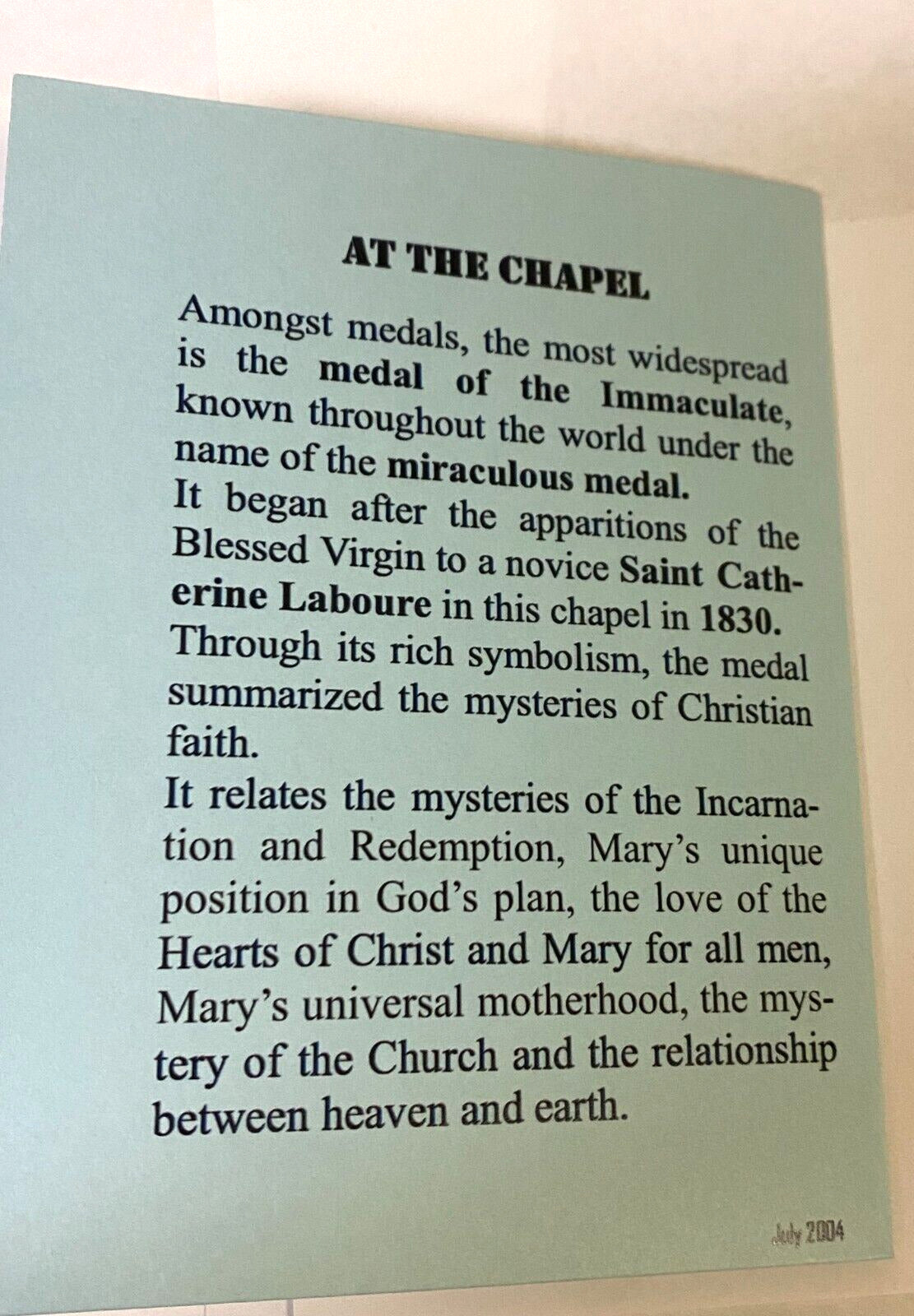 Our Lady of the Miraculous Medal Folder, the Medal a Gift with Medal,  New - Bob and Penny Lord