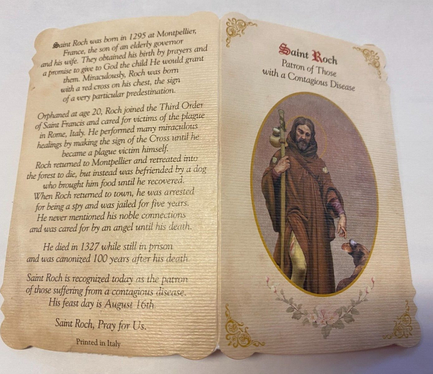 Saint Roch ( Patron of Plagues) Prayer Card + Medal, New - Bob and Penny Lord