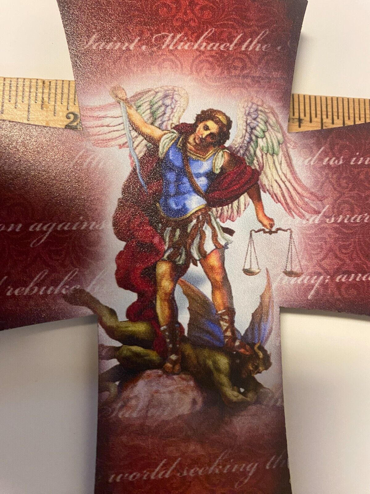 Saint Michael The Archangel 8" Laser Image on Thin Wood Cross, New - Bob and Penny Lord