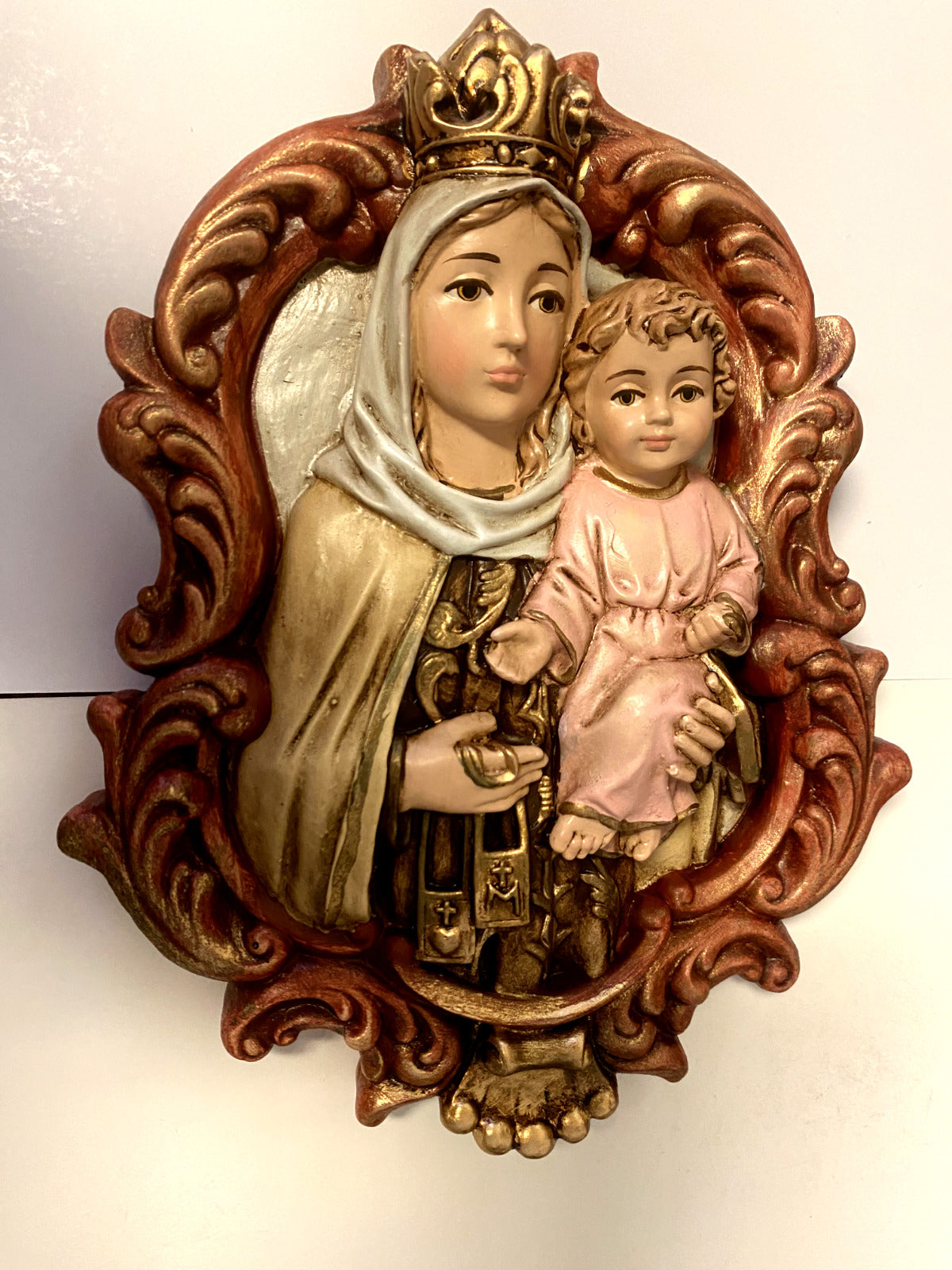 Our Lady of Mount Carmel 9" Wall Plaque, New from Colombia - Bob and Penny Lord