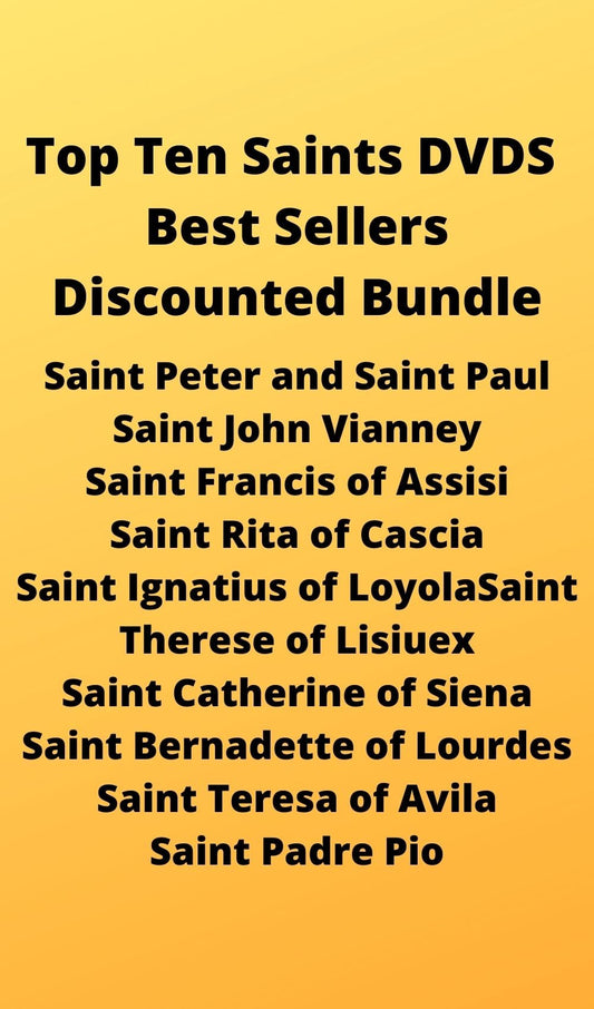 Collection of AAA Top Ten Saints DVDs from Bob and Penny Lord Ministry, featuring best-selling religious documentary films.