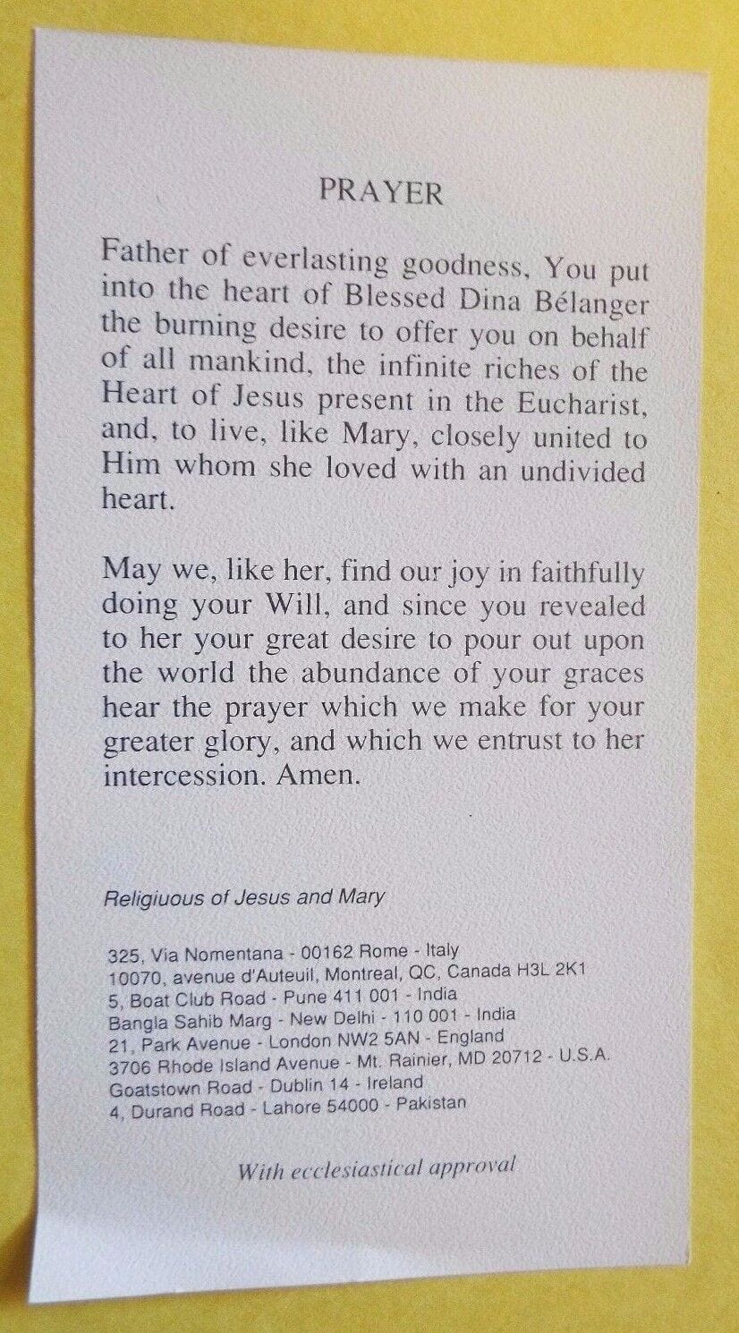 Black and white Blessed Dina Belanger prayer card from Bob and Penny Lord, featuring religious imagery and prayer text.