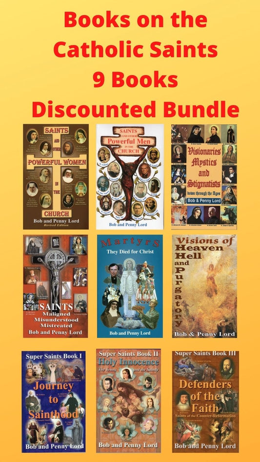 Set of nine books on saints by Bob and Penny Lord, featuring religious stories and biographies in a bundled collection.