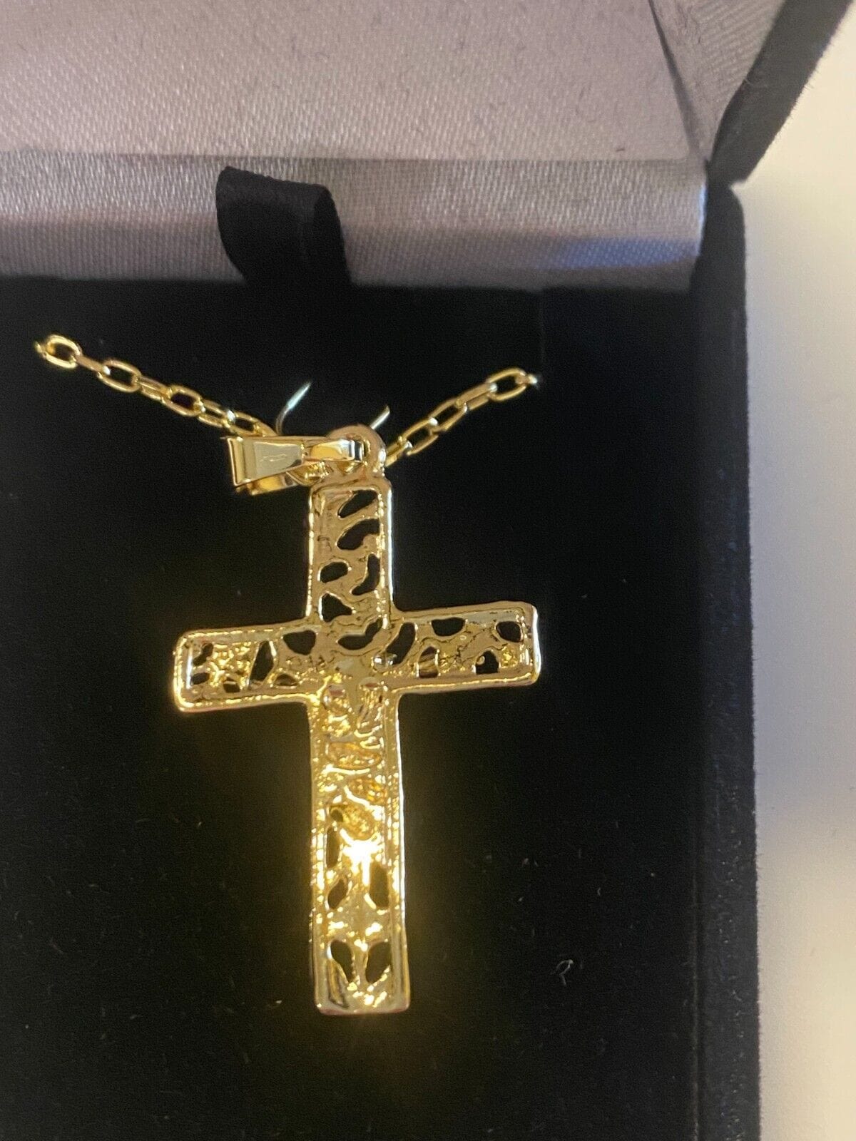Brazilian gold-plated crucifix necklace, 20-inch fashion jewelry pendant on a chain, featuring a religious cross design.