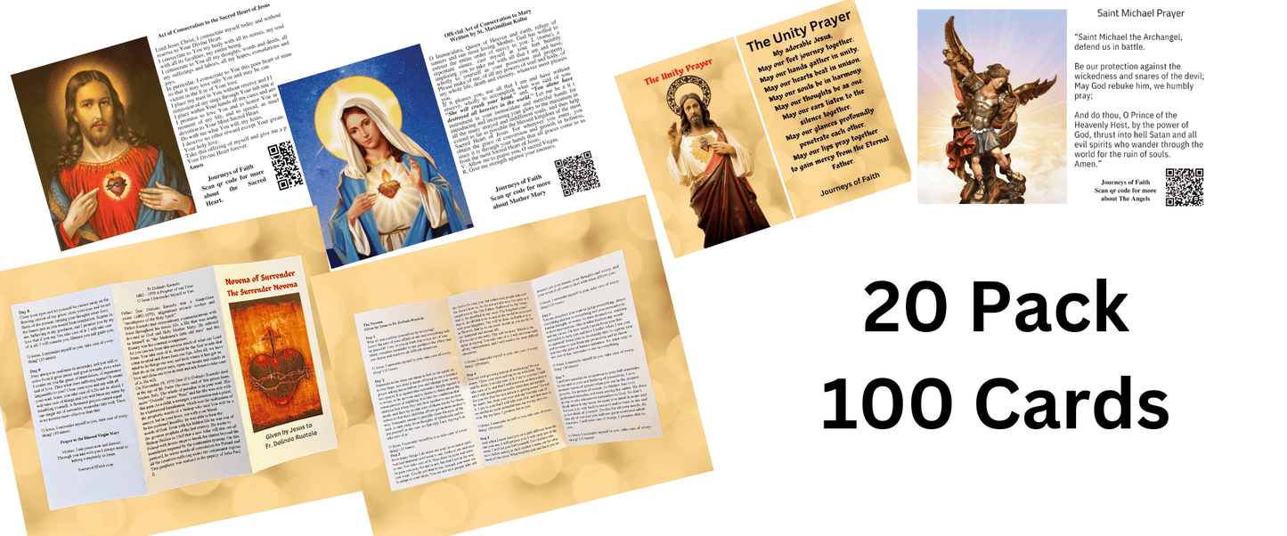 Set of 20 Catholic prayer cards by Bob and Penny Lord featuring religious images and prayers for daily devotion.