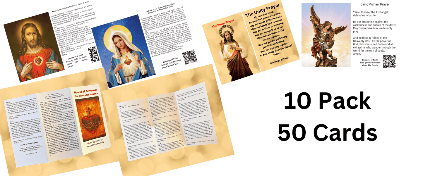 Set of 10 Catholic prayer cards by Bob and Penny Lord featuring religious images and prayers on high-quality cardstock.
