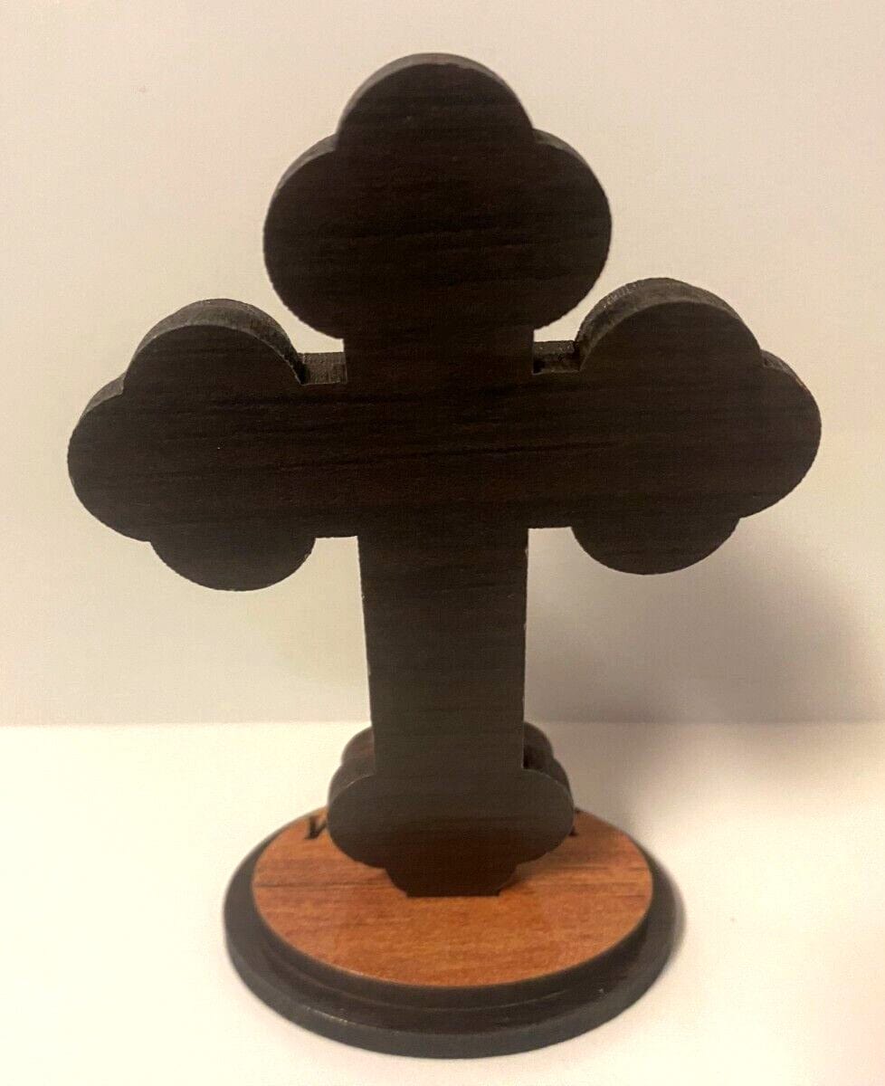 Olive wood and mother of pearl crucifix, 3.75-inch Christian religious collectible from Bethlehem, by Bob and Penny Lord.
