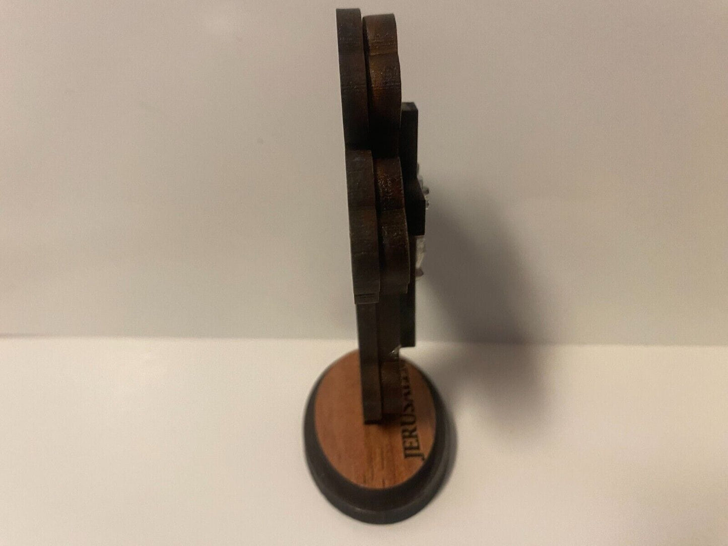 Olive wood and mother of pearl crucifix, 3.75 inches, Christian religious collectible from Bethlehem by Bob and Penny Lord.