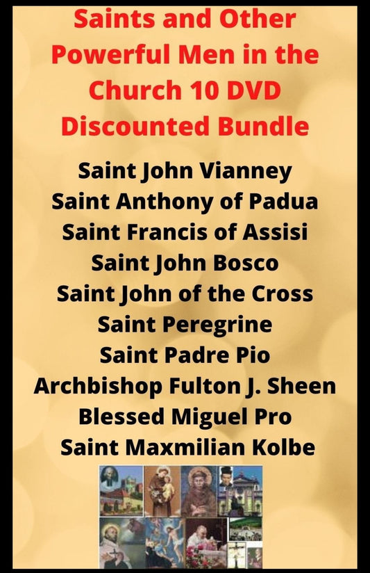 Bundle of 10 DVDs titled "Saints and Other Powerful Men in the Church" by Bob and Penny Lord Ministry, featuring religious figures and themes.