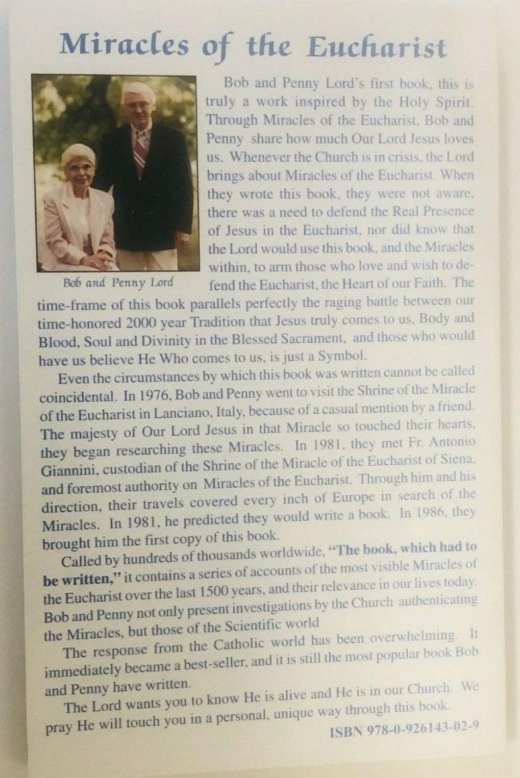 Eucharistic Miracles book by Bob and Penny Lord showing a hardcover with religious imagery and title on the cover.