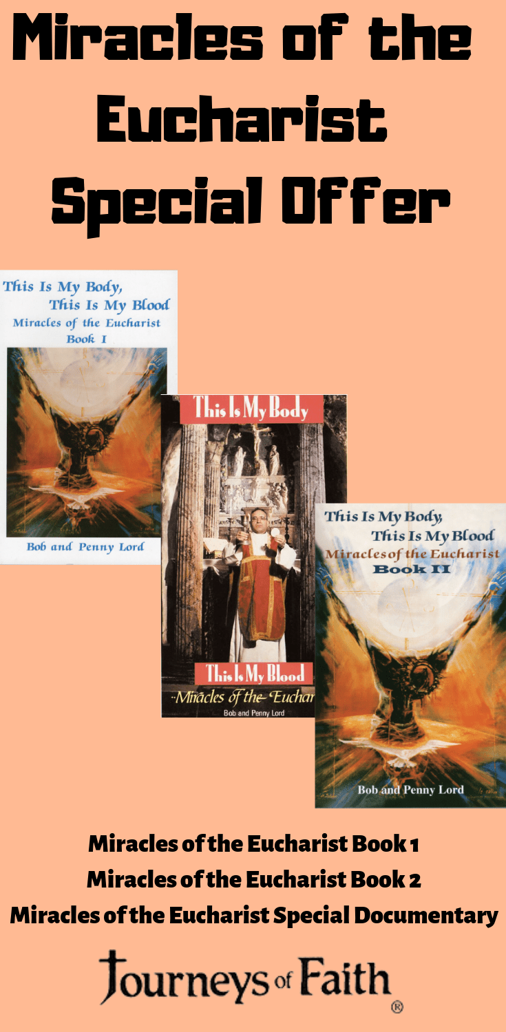DVD of Eucharistic Miracles Set by Bob and Penny Lord, featuring detailed images of miraculous Eucharist events and religious scenes.