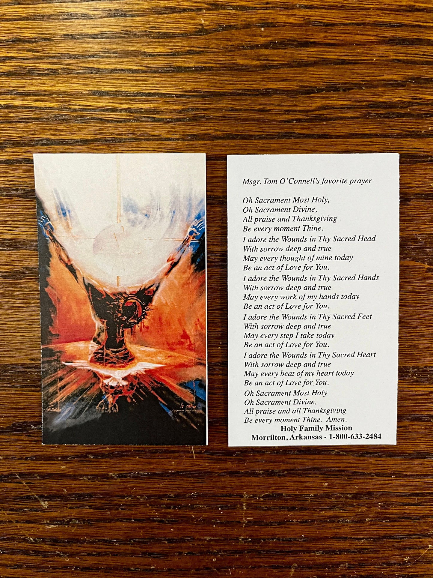 Holy cards with Eucharistic Prayer After Communion, packaged in sets by Bob and Penny Lord, featuring religious artwork and text.