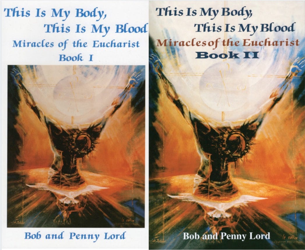 Eucharistic Revival Silver Package books I and II by Bob and Penny Lord Ministry, featuring miracles of the Eucharist, in a clear image.