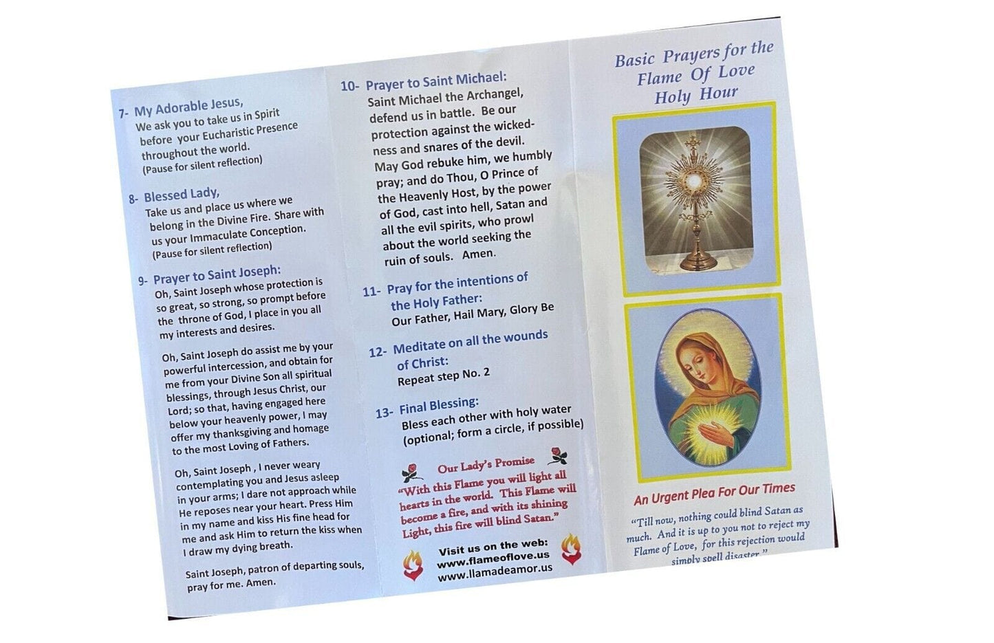 Set of three Flame of Love Holy Hour trifold holy cards by Bob and Penny Lord featuring religious imagery and Christian symbolism.