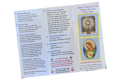 Set of three Flame of Love Holy Hour trifold holy cards by Bob and Penny Lord featuring religious imagery and Christian symbolism.
