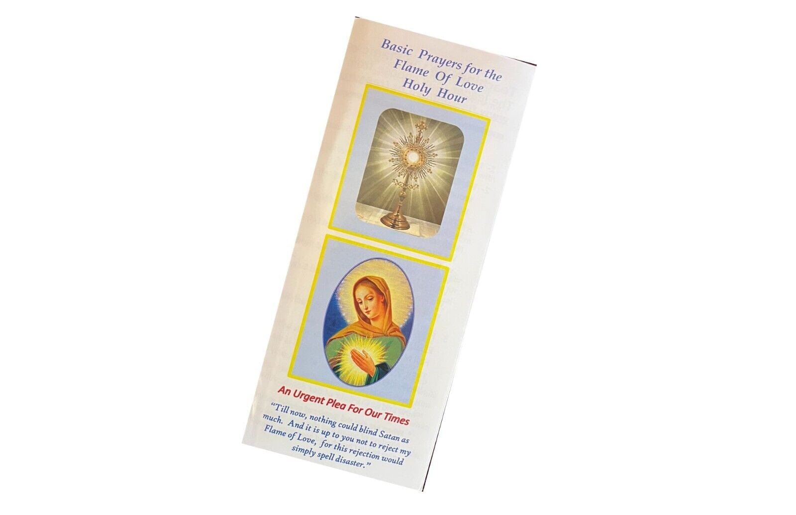 Set of three Flame of Love Holy Hour trifold holy cards by Bob and Penny Lord featuring religious imagery and Christian symbolism.