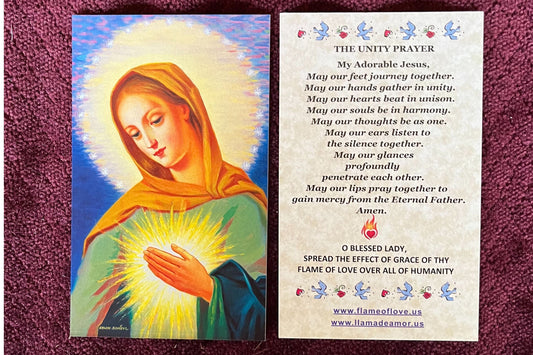 Set of Flame of Love Prayer Cards by Bob and Penny Lord featuring front and back designs with religious imagery and prayers.