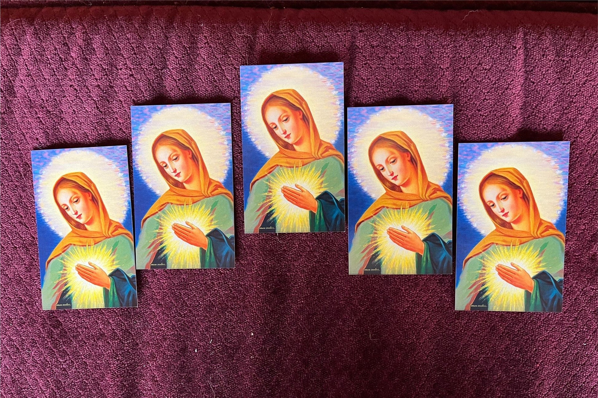 Set of five Flame of Love prayer cards by Bob and Penny Lord featuring inspiring religious imagery and prayers.