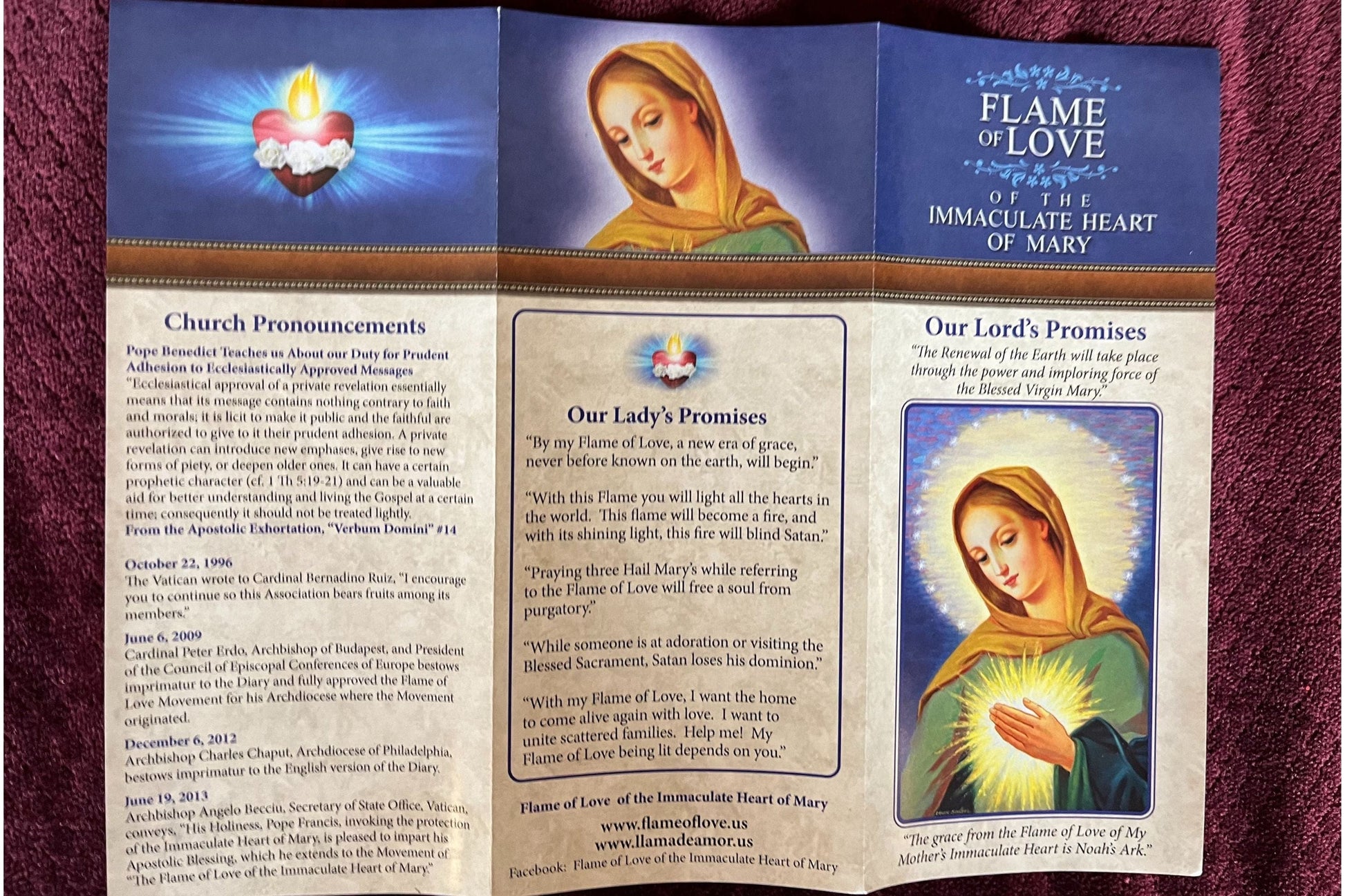 Front view of Bob and Penny Lord's Flame of Love Prayer Trifold with religious imagery and prayer details inside.