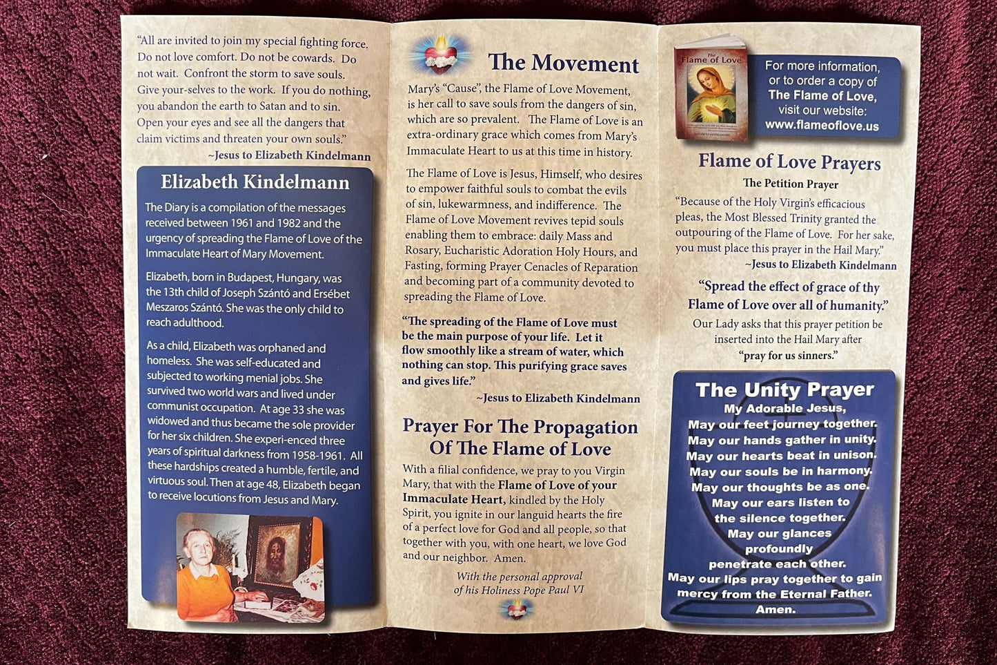 Back view of Flame of Love Prayer Trifold booklet by Bob and Penny Lord showing religious design and fold details.