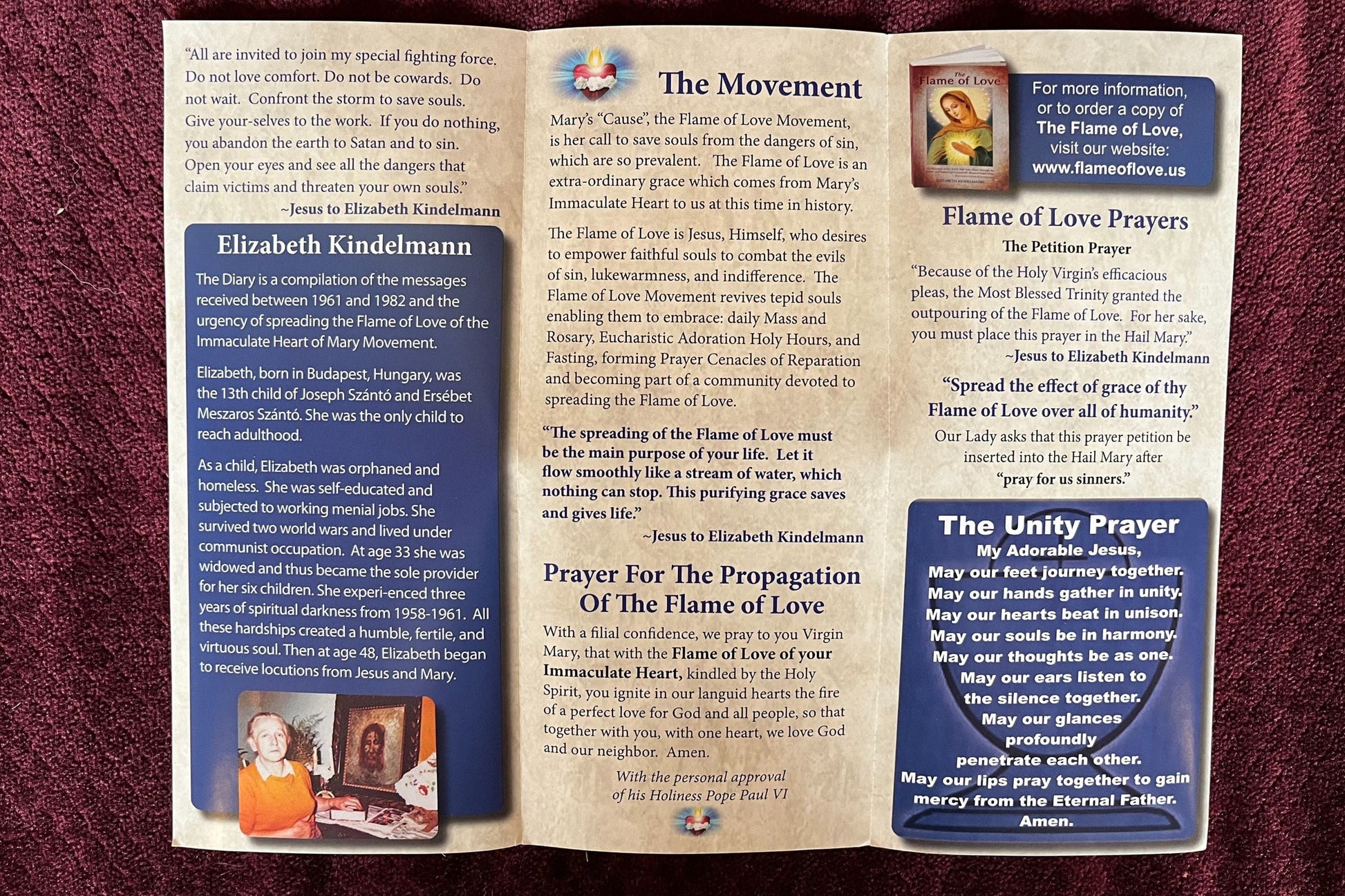 Back view of Flame of Love Prayer Trifold booklet by Bob and Penny Lord showing religious design and fold details.