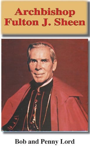 Fulton Sheen printed minibook by Bob and Penny Lord Ministry, featuring a small, colorful cover with religious imagery and text.