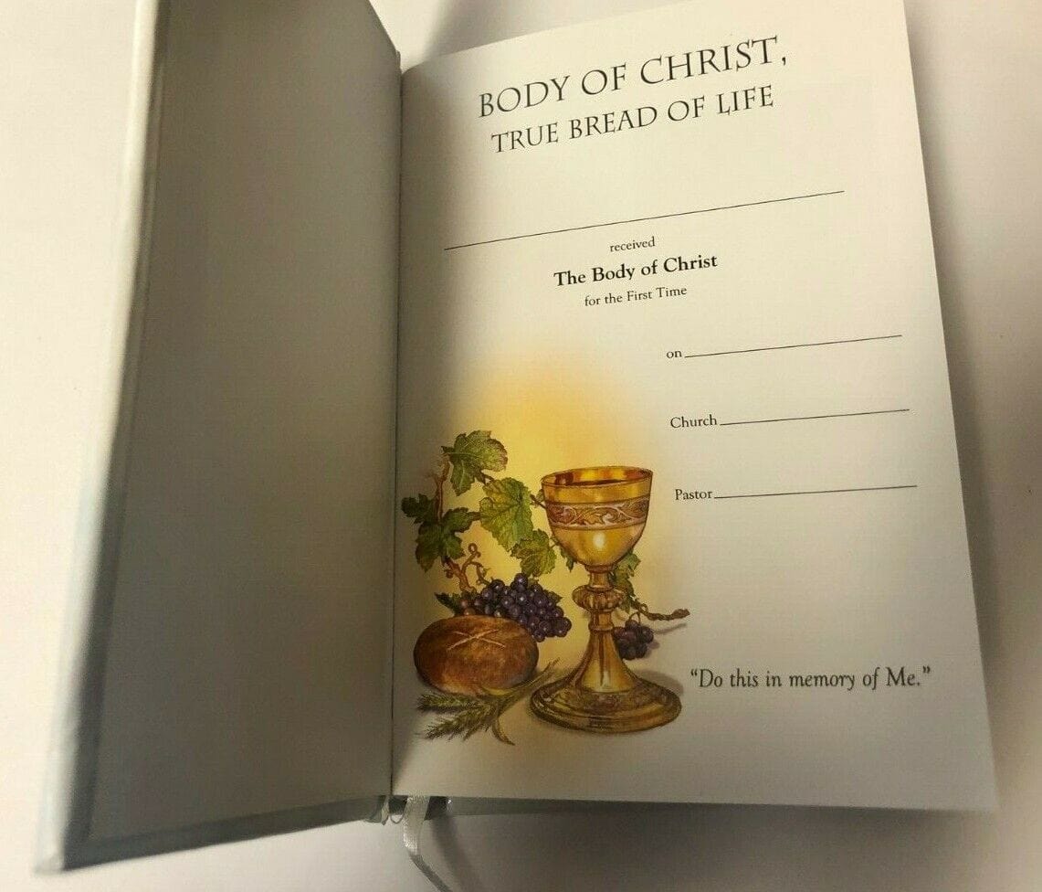 Girl's First Holy Communion wallet gift set by Bob and Penny Lord, includes five religious Christian collectibles for special occasion.