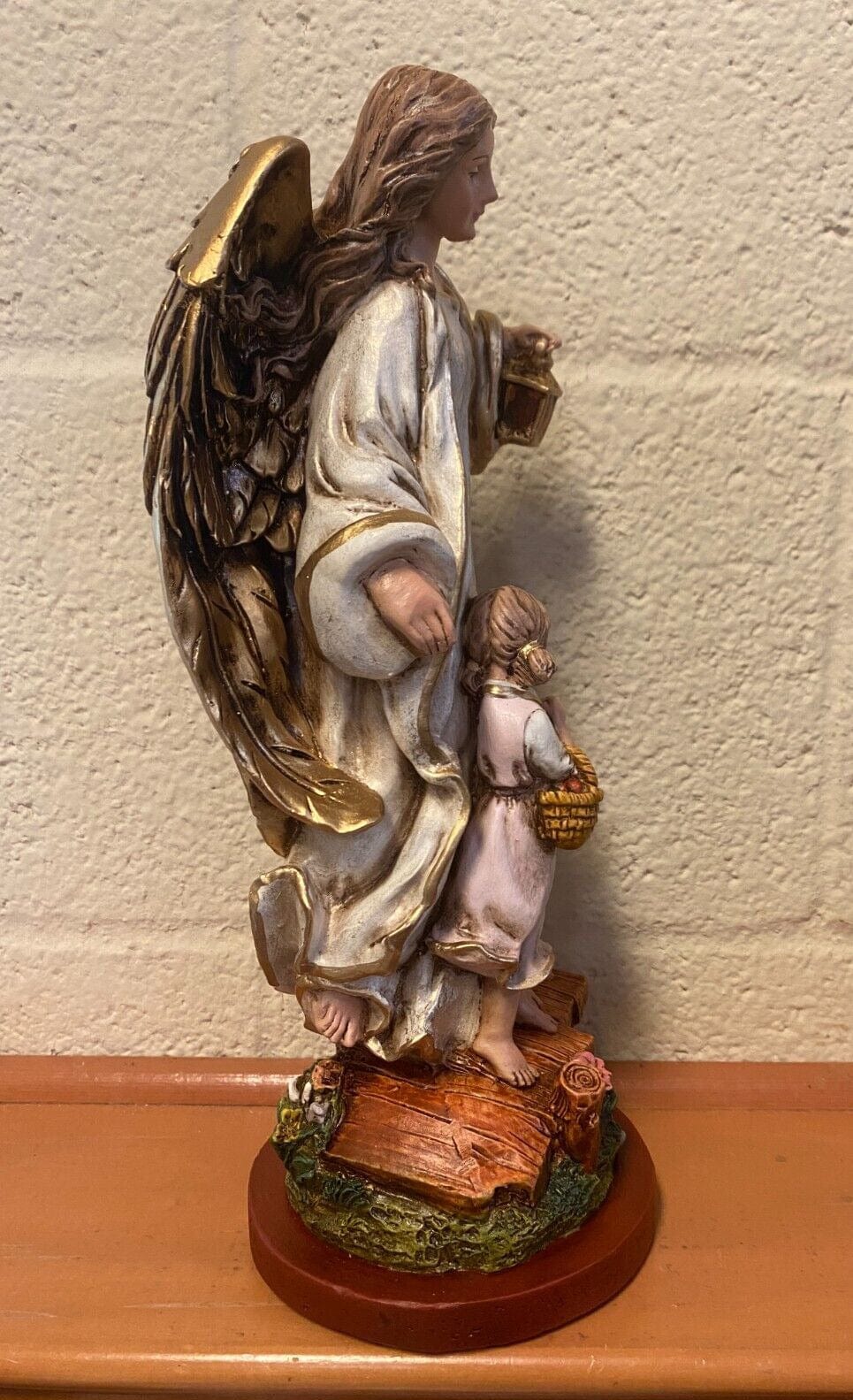 Large hand-painted Guardian Angel statue, 13-inch religious figure by Bob and Penny Lord, detailed spiritual collectible artwork.